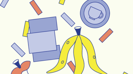 illustrasjon av små avfallsbiter, en banan, et eple
