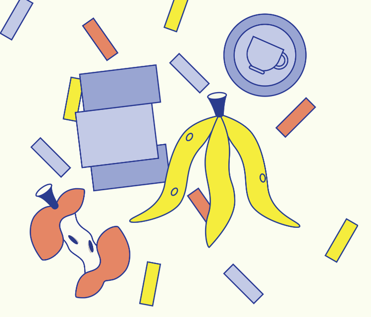 illustrasjon av små avfallsbiter, en banan, et eple