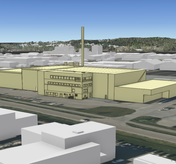 3d-modell av ØAS sitt foreslåtte bygg i Habornveien 50. Bygget er trappet med en lavere del på hver side av mellombygget. Det er en pipe på midten av bygget. Fasaden ligger mot veien.
