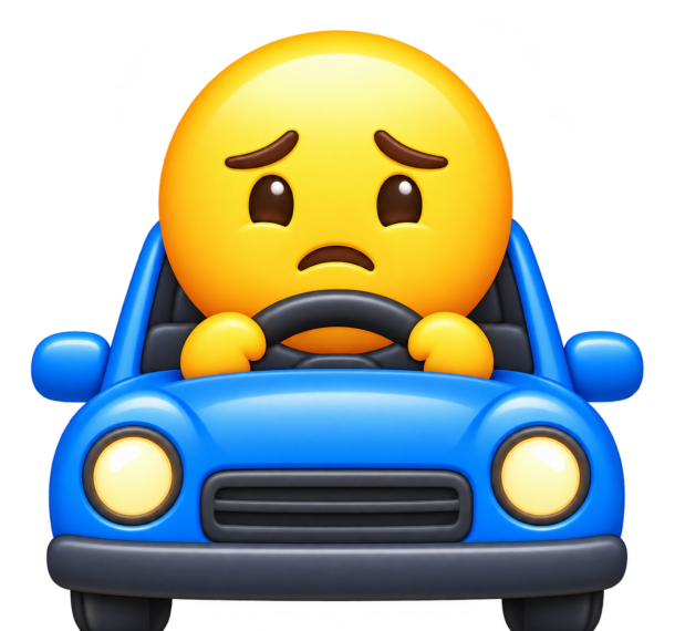 Et gult emoji-ikon som sitter i en blå bil