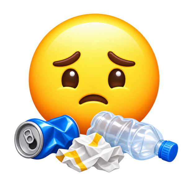 Emoji-ikon med et bekymret ansikt og tom brusboks, flaske og papir foran