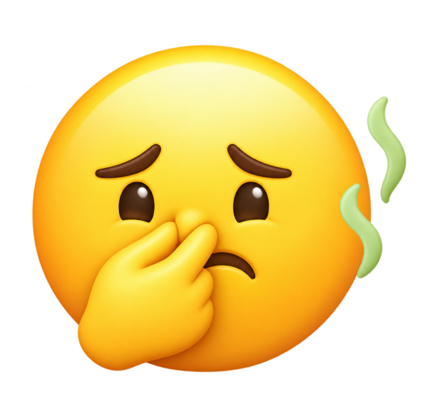 Et gult emoji-ikon som holder seg for nesen