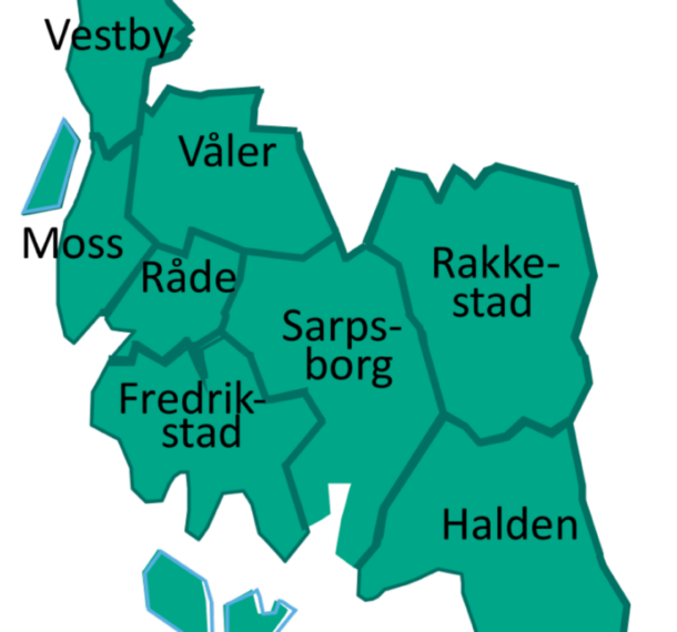 Kart over eierkommuene til ØAS: Fredrikstad, Sarpsborg, Halden, Hvaler, Rakkestad, Råde, Moss, Våler og Vestby.